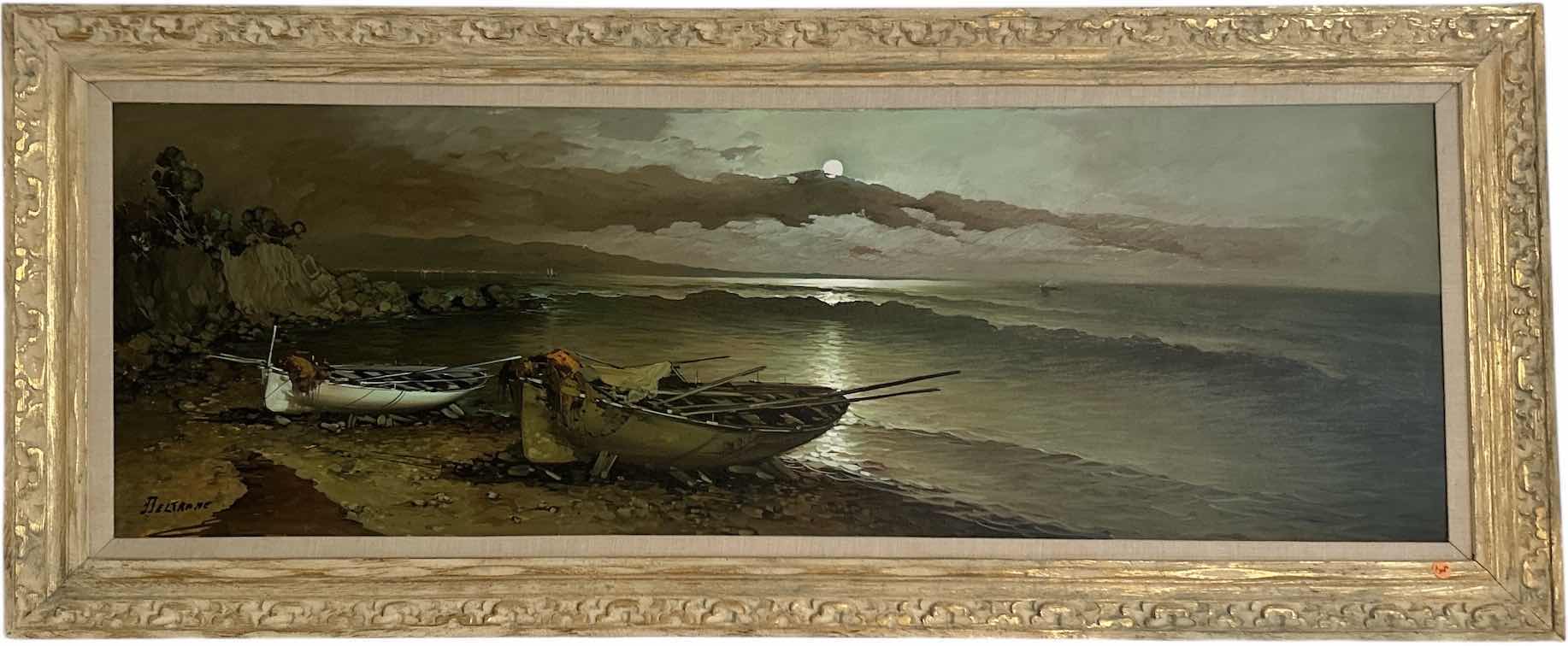 Photo 1 of ORNATELY WOOD FRAMED SIGNED OIL ON CANVAS, "MOONLIGHT FISHING VILLAGE' BY AGNESE TORRIELLI ARTWORK   
68” x H28”