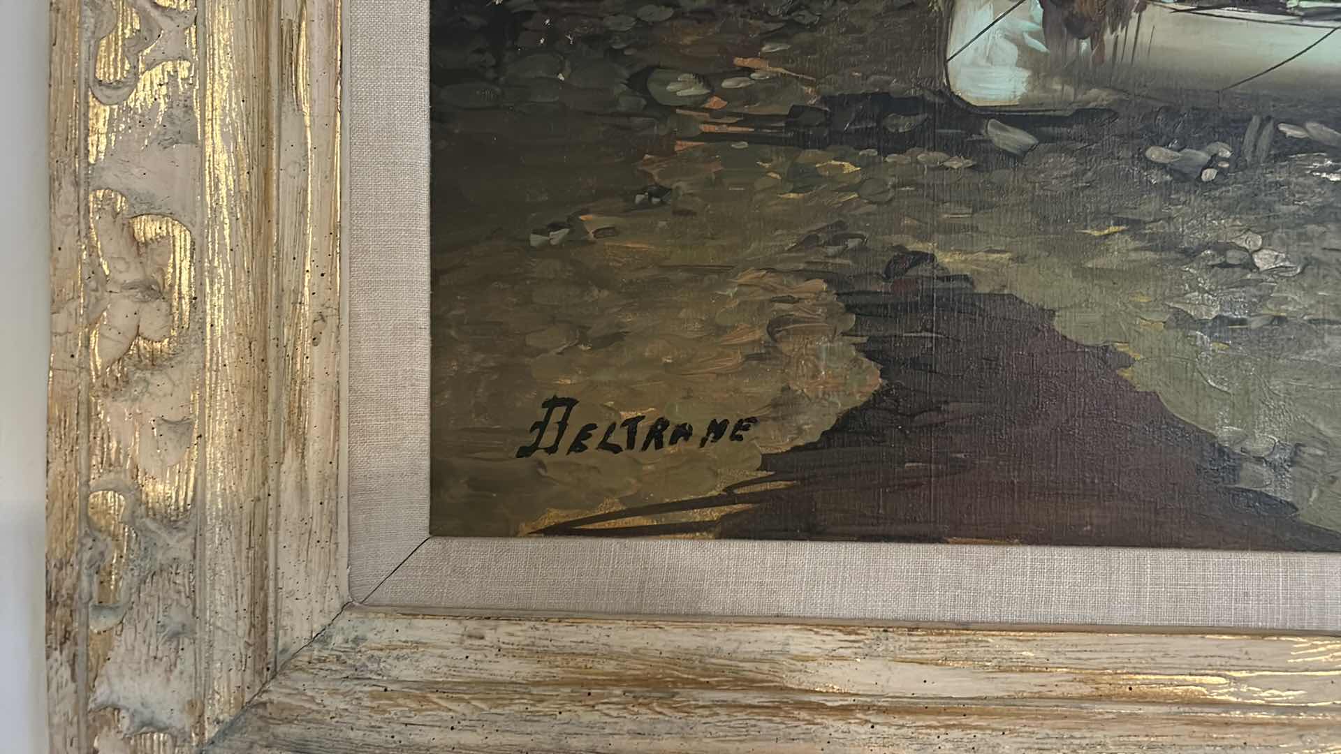 Photo 1 of ORNATELY WOOD FRAMED SIGNED OIL ON CANVAS, "MOONLIGHT FISHING VILLAGE' BY AGNESE TORRIELLI ARTWORK   
68” x H28”