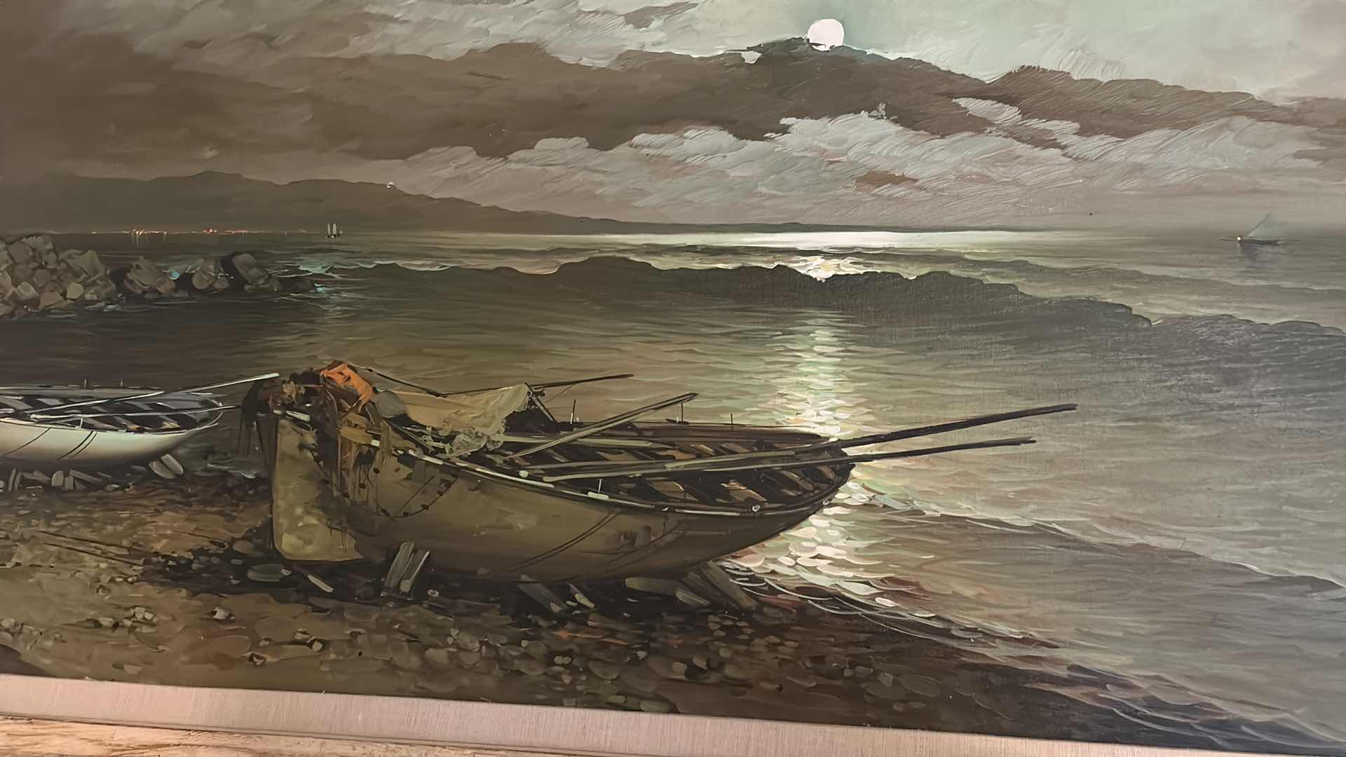 Photo 4 of ORNATELY WOOD FRAMED SIGNED OIL ON CANVAS, "MOONLIGHT FISHING VILLAGE' BY AGNESE TORRIELLI ARTWORK   
68” x H28”