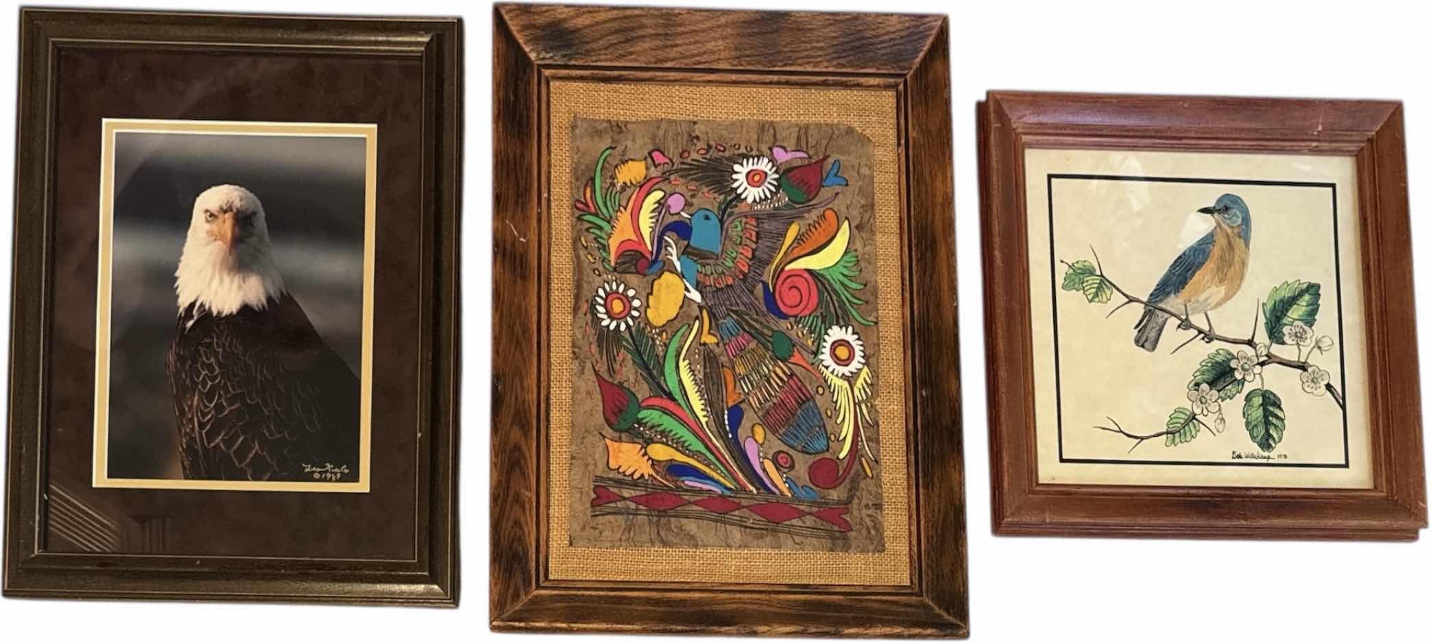 Photo 1 of 3- VINTAGE WOOD FRAMED ARTWORK FEATURING BIRDS
W14” X L17” 
AND SMALLER