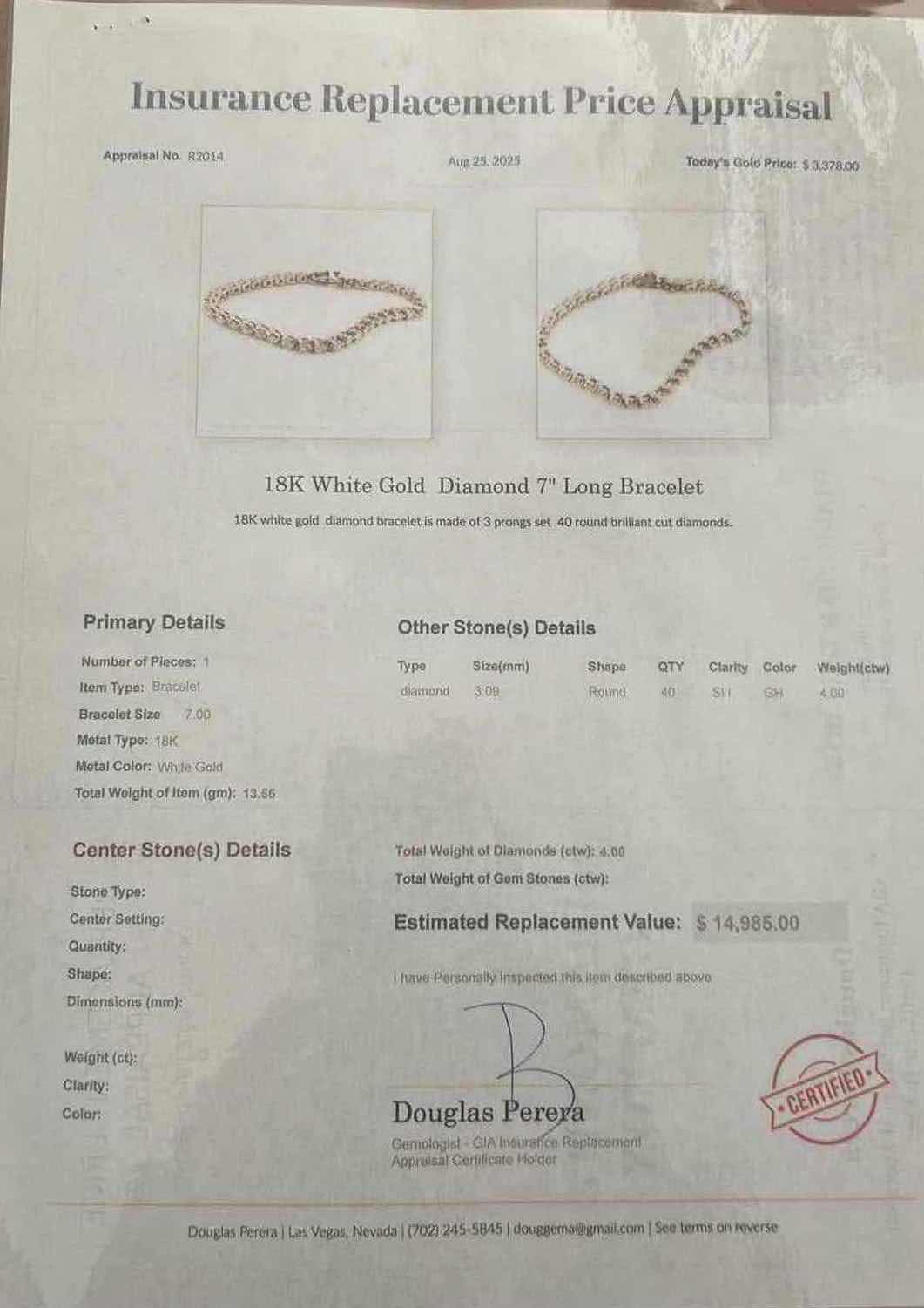 Photo 1 of 18K WHITE GOLD W 4.00 ctw DIAMOND 7" LONG BRACELET TTL GRAMS 13.66 W INSURANCE APPRAISAL ITEM #2014 