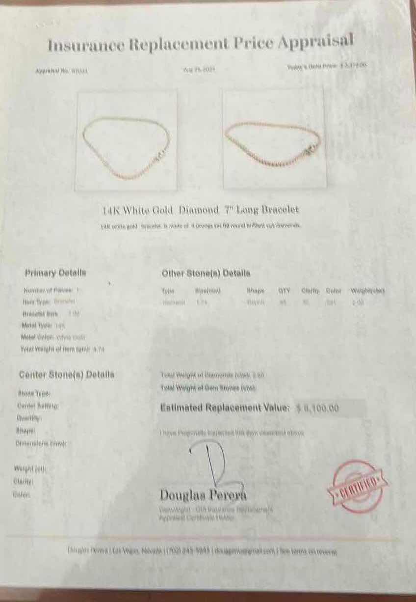 Photo 1 of 14K WHITE GOLD W 2.00 ctw DIAMOND 7" LONG BRACELET TTL GRAMS 4.74 W INSURANCE APPRAISAL ITEM #2033 