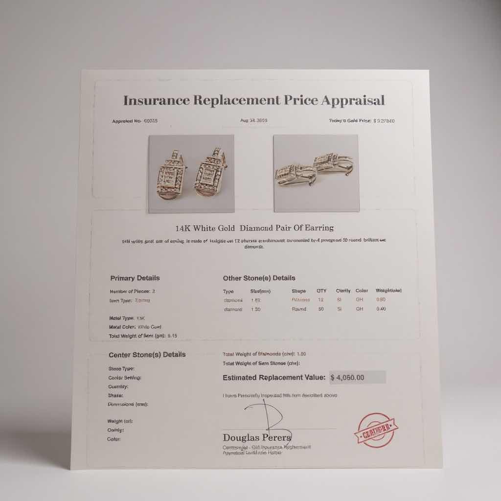 Photo 1 of 14K WHITE GOLD W 1.0 ctw DIAMOND PAIR OF EARRINGS TTL GRAMS 5.18 W INSURANCE APPRAISAL ITEM #2025 