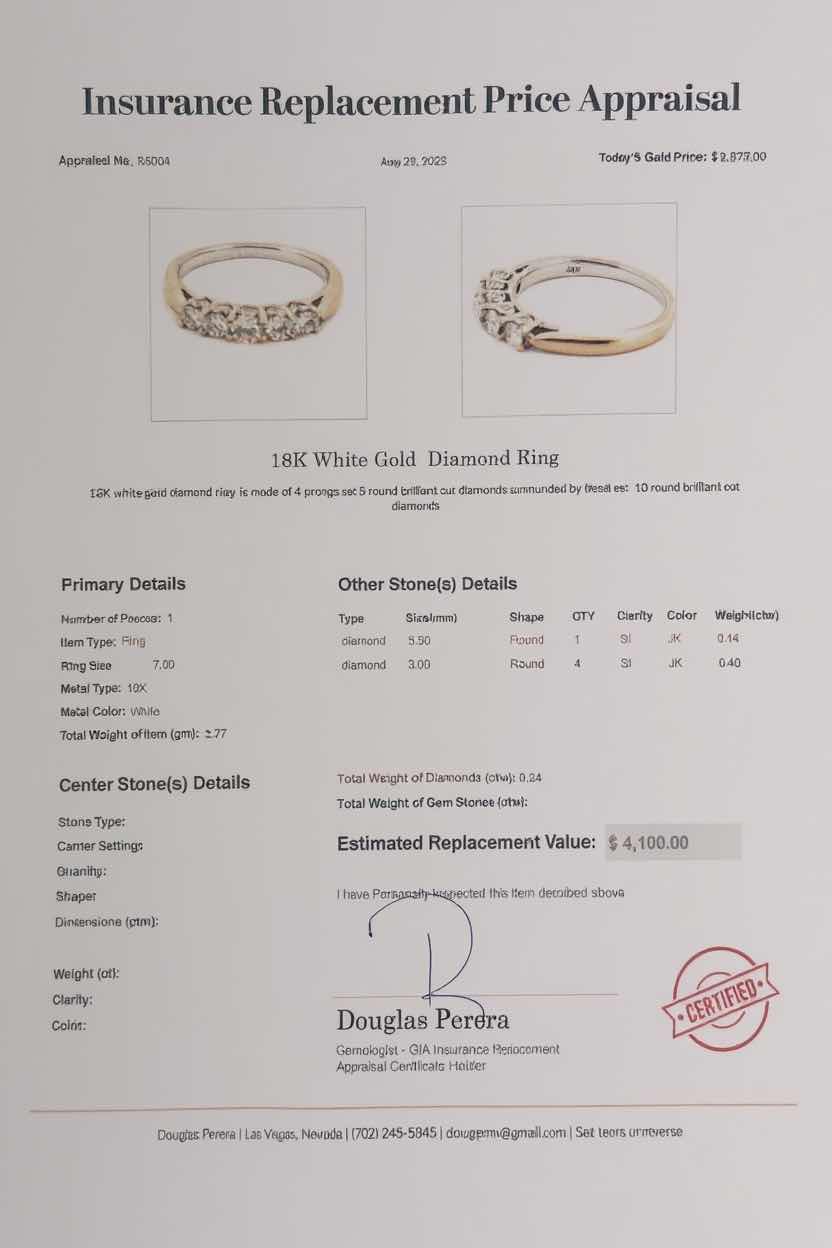 Photo 1 of 18K WHITE GOLD W .54 ctw DIAMOND RING TTL GRAMS 3.77 W INSURANCE APPRAISAL ITEM # 2004 