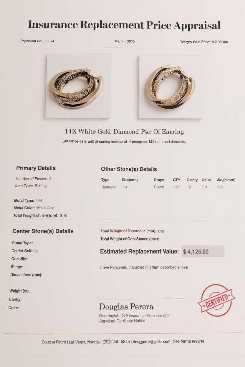 Photo 1 of 14K WHITE GOLD W 1.25 ctw DIAMOND PAIR OF EARRINGS TTL GRAMS 5.10 W INSURANCE APPRAISAL ITEM # 2024 