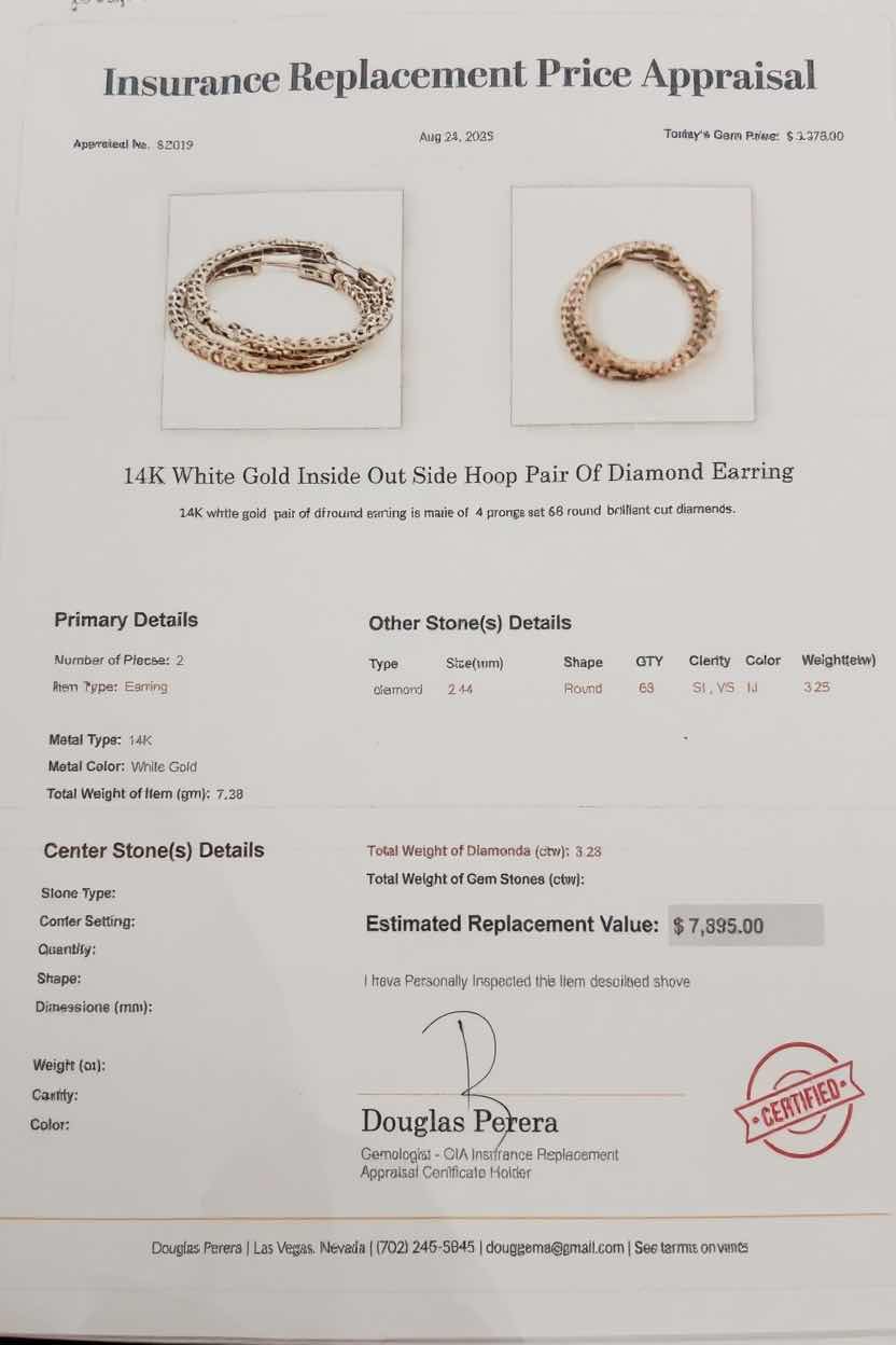Photo 1 of 14K WHITE GOLD INSIDE OUT SIDE HOOP PAIR W 3.25 ctw DIAMOND EARRINGS TTL GRAMS 7.38 W INSURANCE APPRAISAL ITEM# 2019