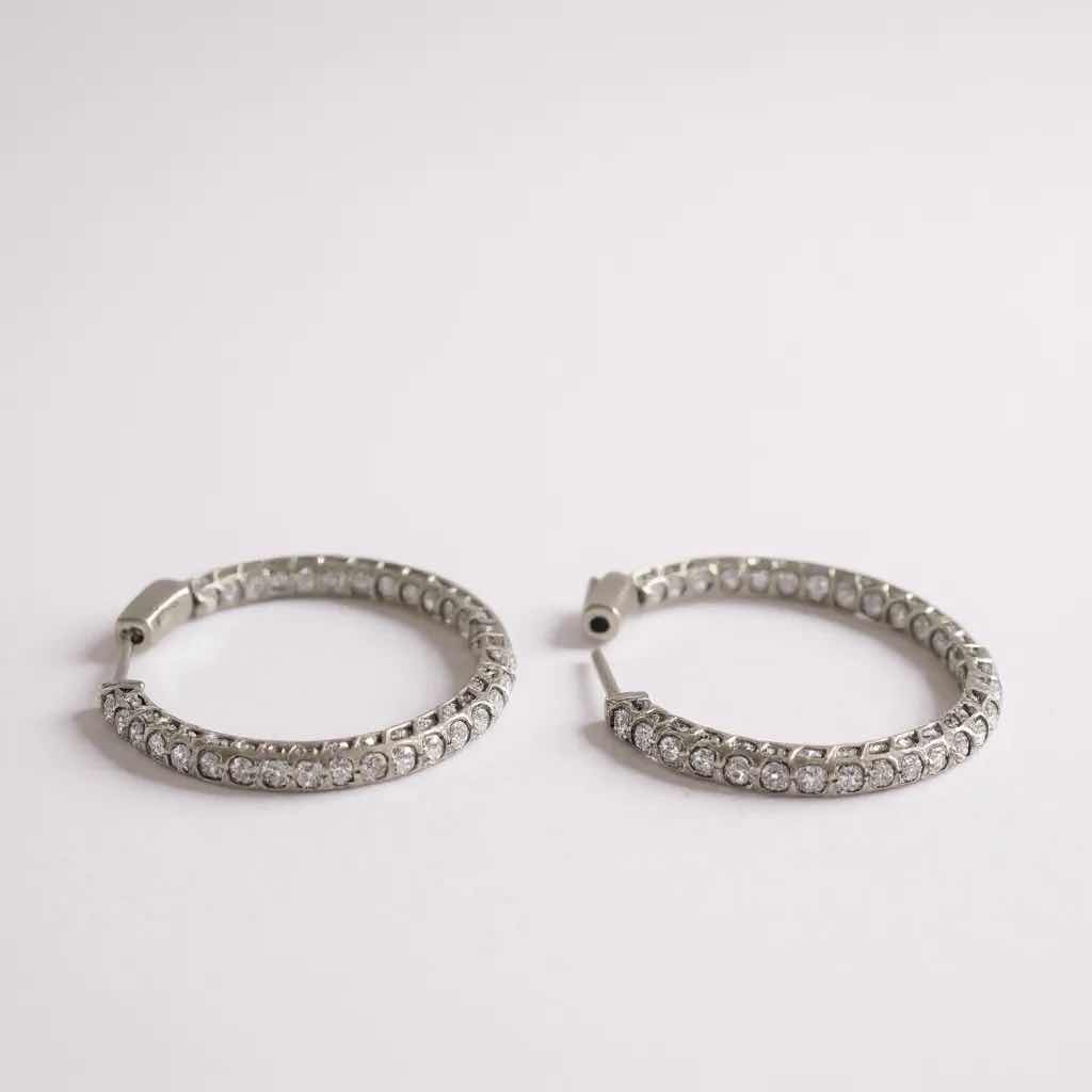 Photo 1 of 14K WHITE GOLD INSIDE OUT SIDE HOOP PAIR W 3.25 ctw DIAMOND EARRINGS TTL GRAMS 7.38 W INSURANCE APPRAISAL ITEM# 2019