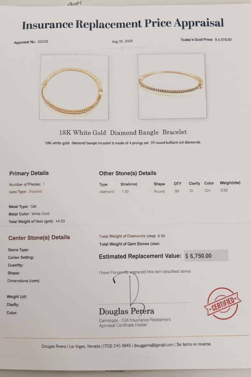 Photo 1 of 18K WHITE GOLD W 0.50 ctw DIAMOND BANGLE BRACELET TTL GRAMS 14.35 W INSURANCE APPRAISAL ITEM # 2015 