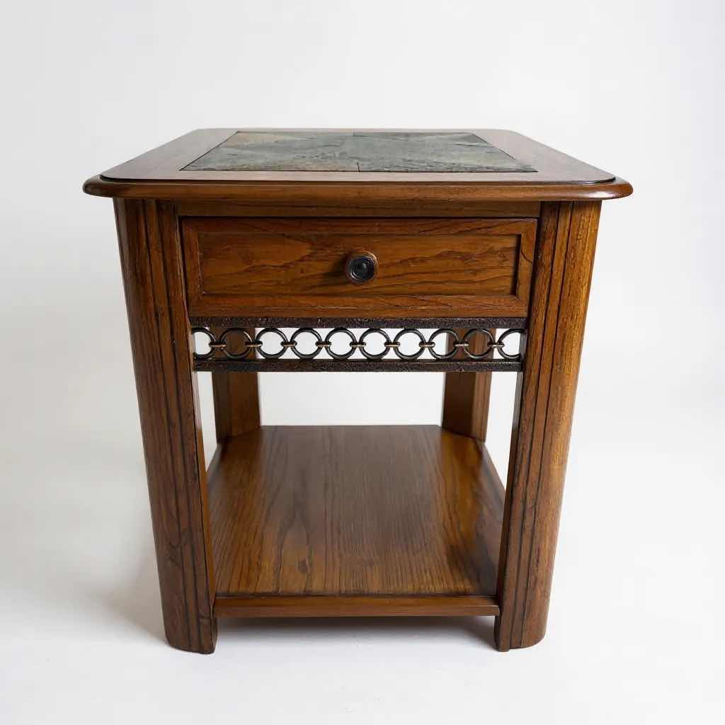Photo 1 of SOLID WOOD MAGNUSSEN MADISON SIDE TABLE  W A SLATE INLAY TOP 22"X 27" H 25"