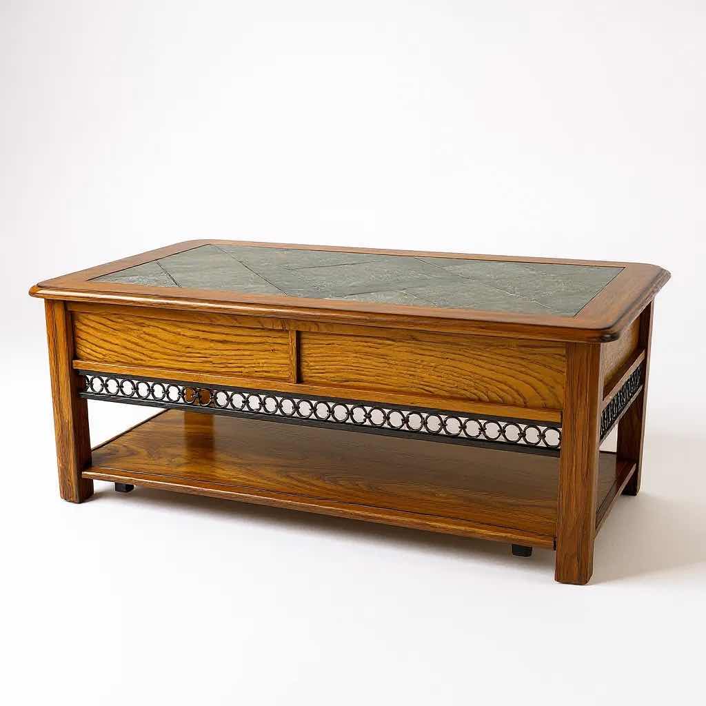 Photo 1 of SOLID WOOD MAGNUSSEN MADISON RECTANGULAR LIFT-TOP COCKTAIL TABLE  W A SLATE INLAY TOP ON CASTERS 48" X 27" H 19" 