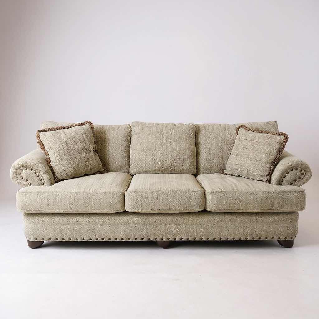 Photo 1 of 8FT BEIGE UPHOLSTERED  SOFA W ROLLED ARMS