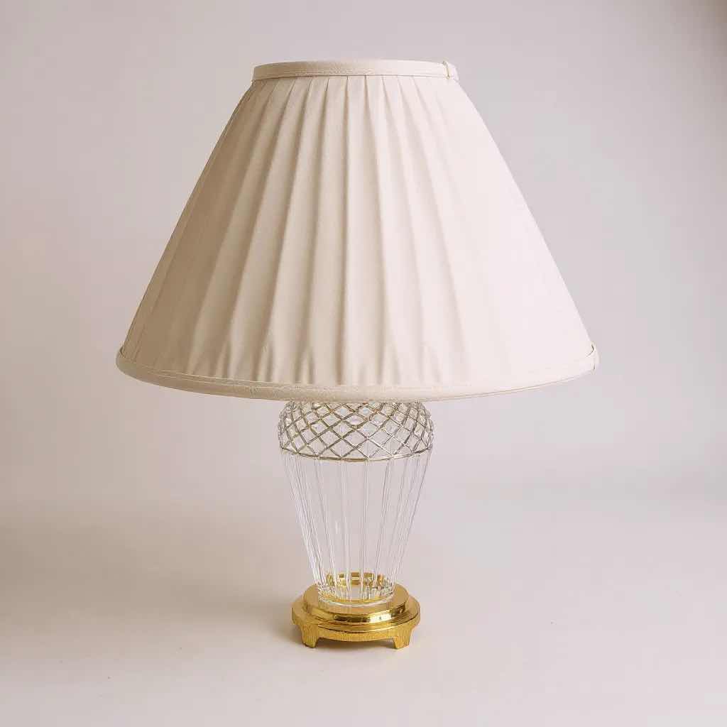 Photo 1 of WATERFORD CRYSTAL BELLINE TABLE LAMP W WHITE PLEATED SHADE AND BRASS  BASE H 30'