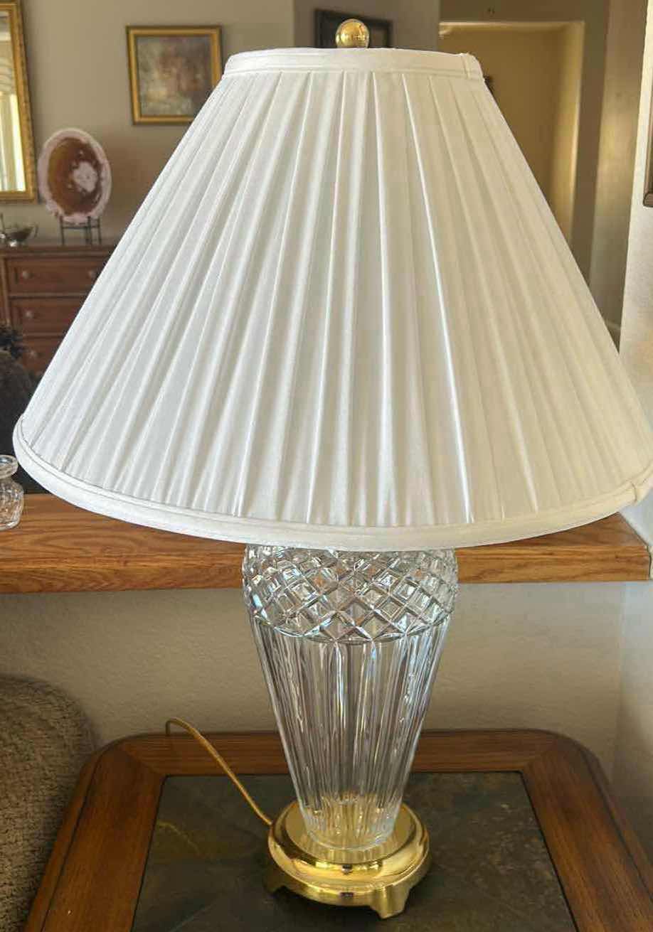 Photo 1 of WATERFORD CRYSTAL BELLINE TABLE LAMP W WHITE PLEATED SHADE & BRASS  BASE  H 30" 