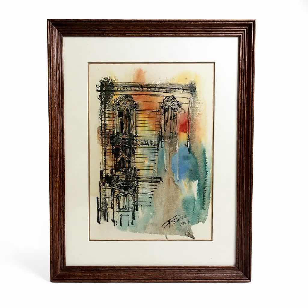 Photo 1 of WOOD FRAMED WATERCOLOR " CITYSCAPE "SIGNED BY T. TOMIYA 19" X 26"