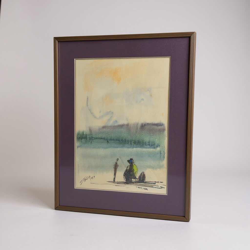 Photo 1 of WOOD FRAMED WATERCOLOR "FISHERMAN " SIGNED BY T. TOMIYA 18" X 24"