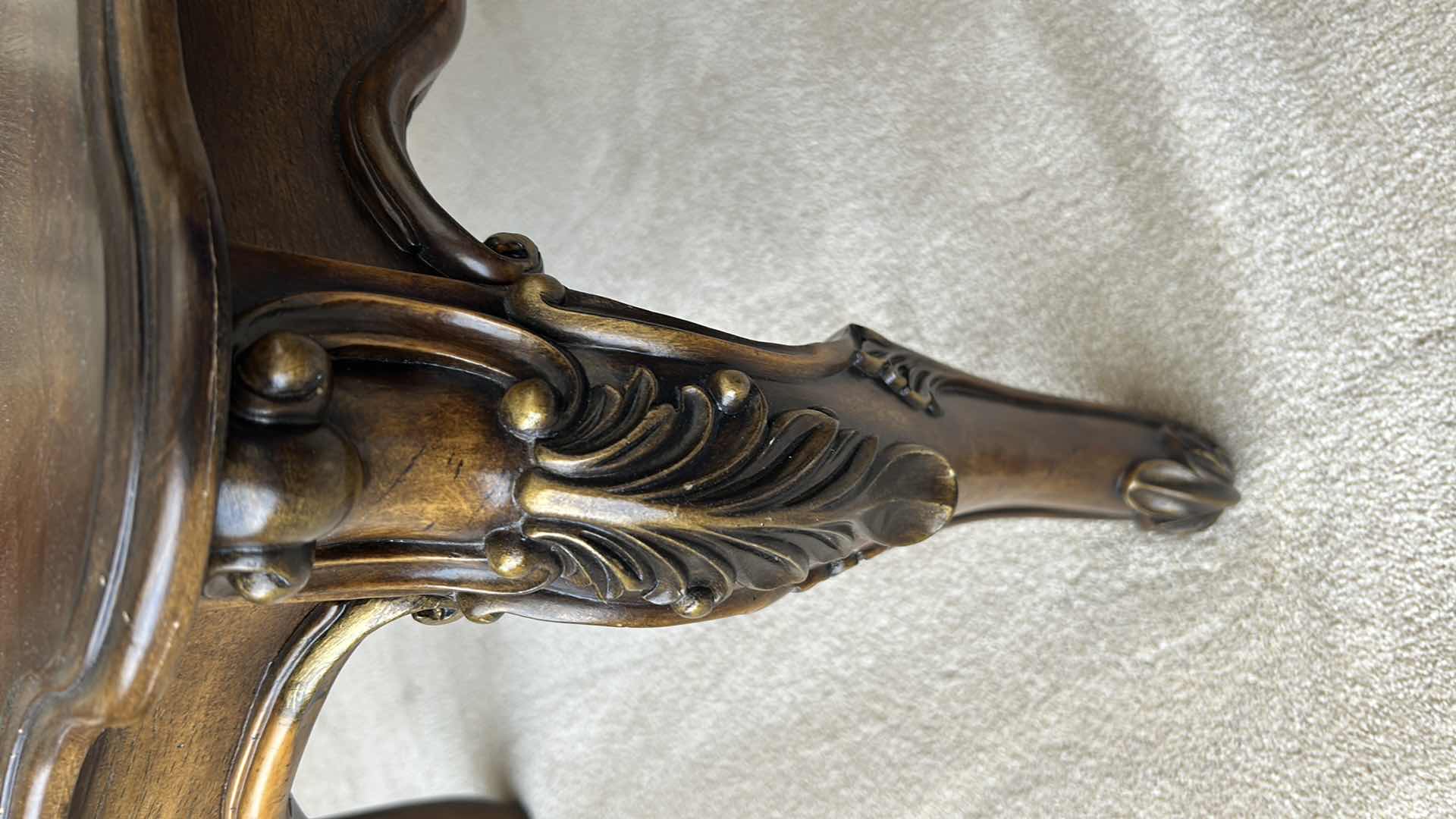 Photo 1 of MAHOGANY RECTANGULAR COFFEE TABLE W ETCHED GLASS INSERT & ORNATE CARVED LEGS  47" X 33" H 19"