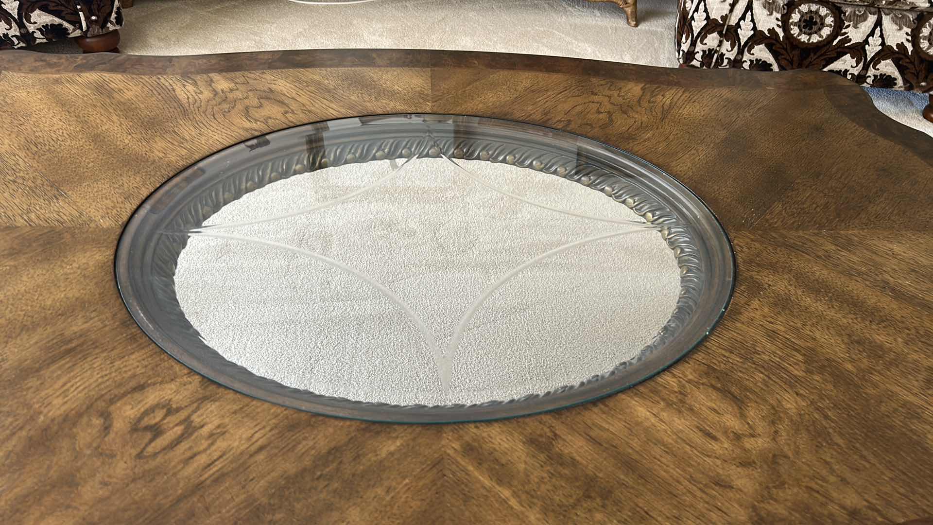 Photo 1 of MAHOGANY RECTANGULAR COFFEE TABLE W ETCHED GLASS INSERT & ORNATE CARVED LEGS  47" X 33" H 19"