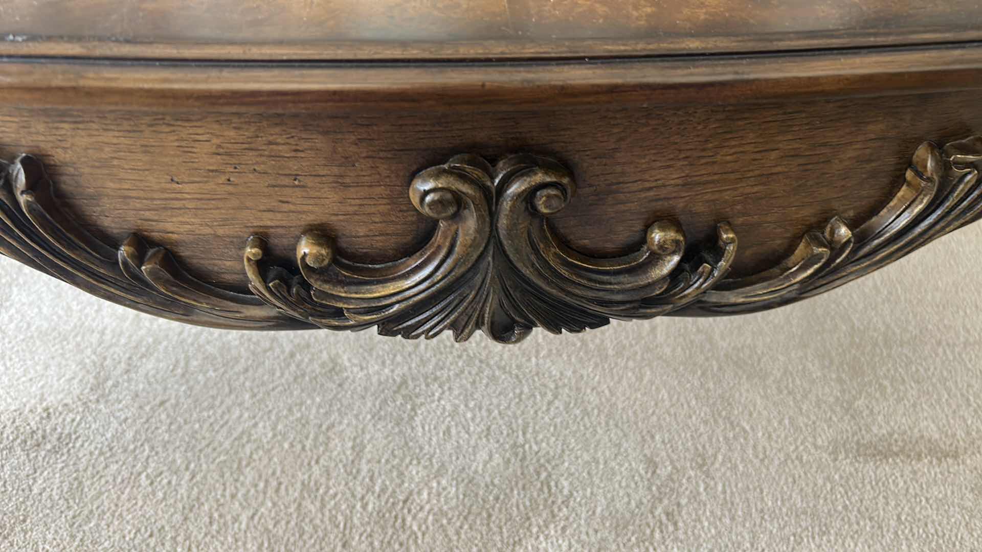 Photo 1 of MAHOGANY RECTANGULAR COFFEE TABLE W ETCHED GLASS INSERT & ORNATE CARVED LEGS  47" X 33" H 19"