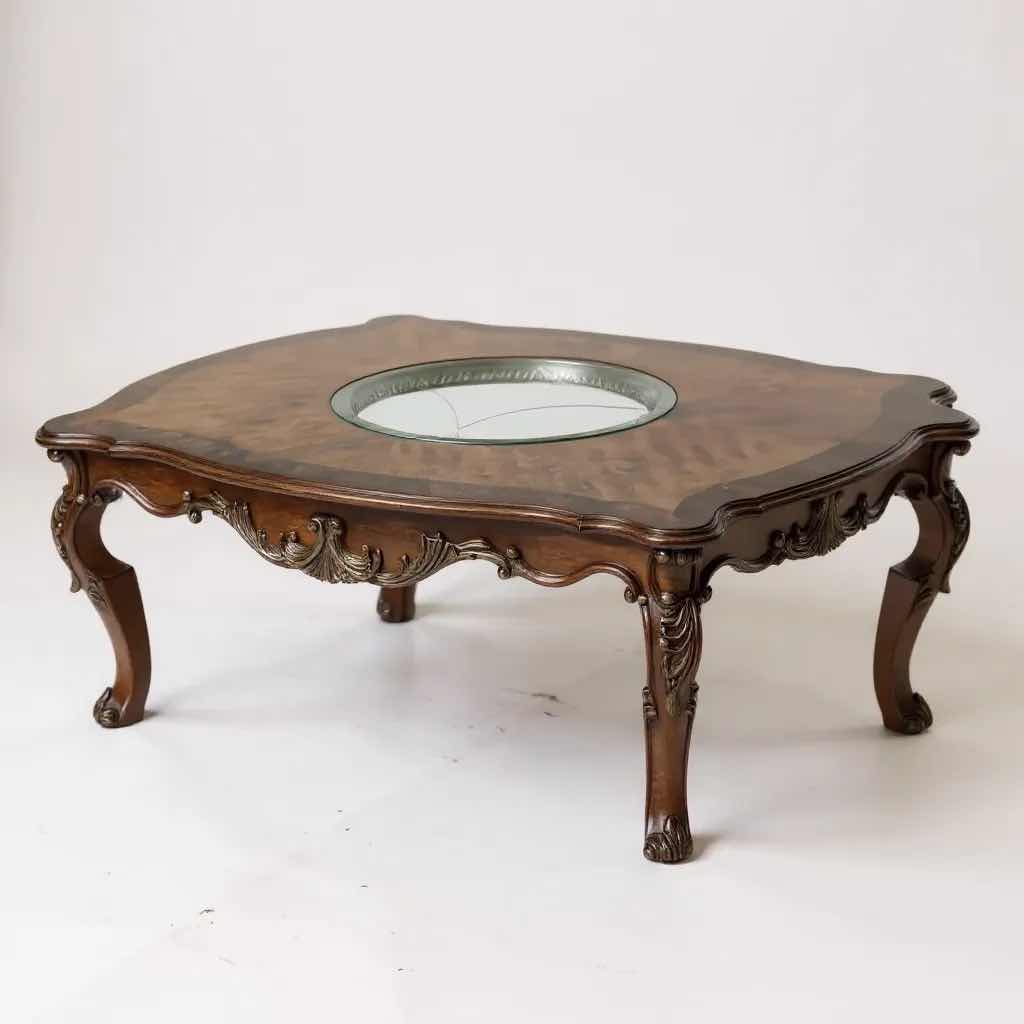 Photo 1 of MAHOGANY RECTANGULAR COFFEE TABLE W ETCHED GLASS INSERT & ORNATE CARVED LEGS  47" X 33" H 19"