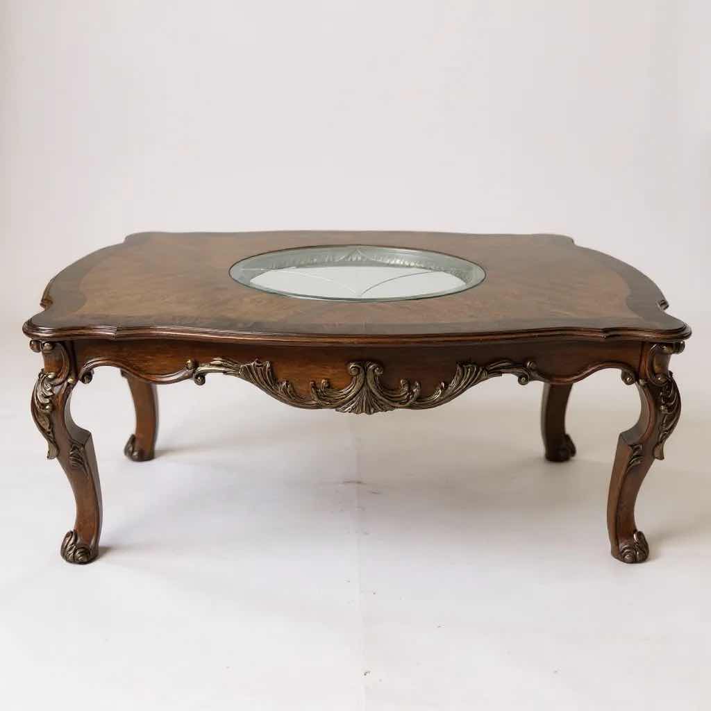 Photo 1 of MAHOGANY RECTANGULAR COFFEE TABLE W ETCHED GLASS INSERT & ORNATE CARVED LEGS  47" X 33" H 19"