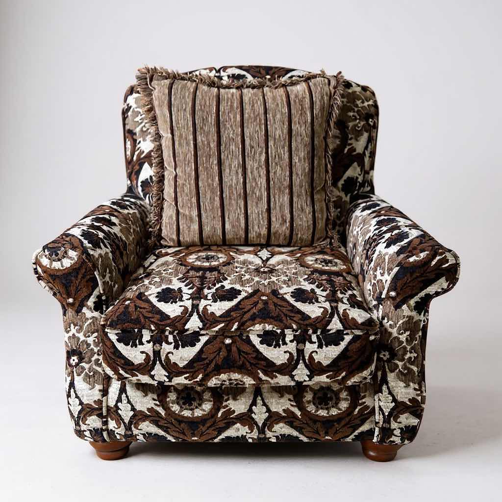 Photo 1 of BROWN FLORAL UPHOLSTER VELOUR ARM CHAIR W DECORATIVE PILLOW
