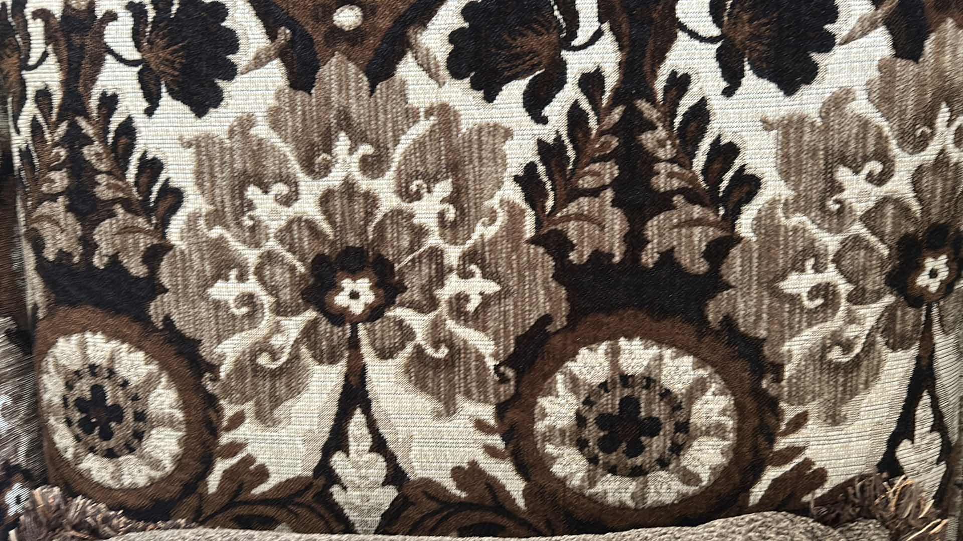 Photo 1 of BROWN FLORAL UPHOLSTER  VELOUR ARM CHAIR W DECORATIVE PILLOW