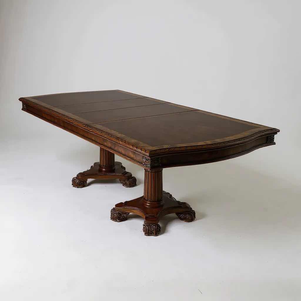 Photo 1 of REGENCY STYLE MAHOGANY CARVED DOUBLE PEDESTAL EXTENSION DINING TABLE 51" X 98" CHAIRS SOLD SEPARATELY 