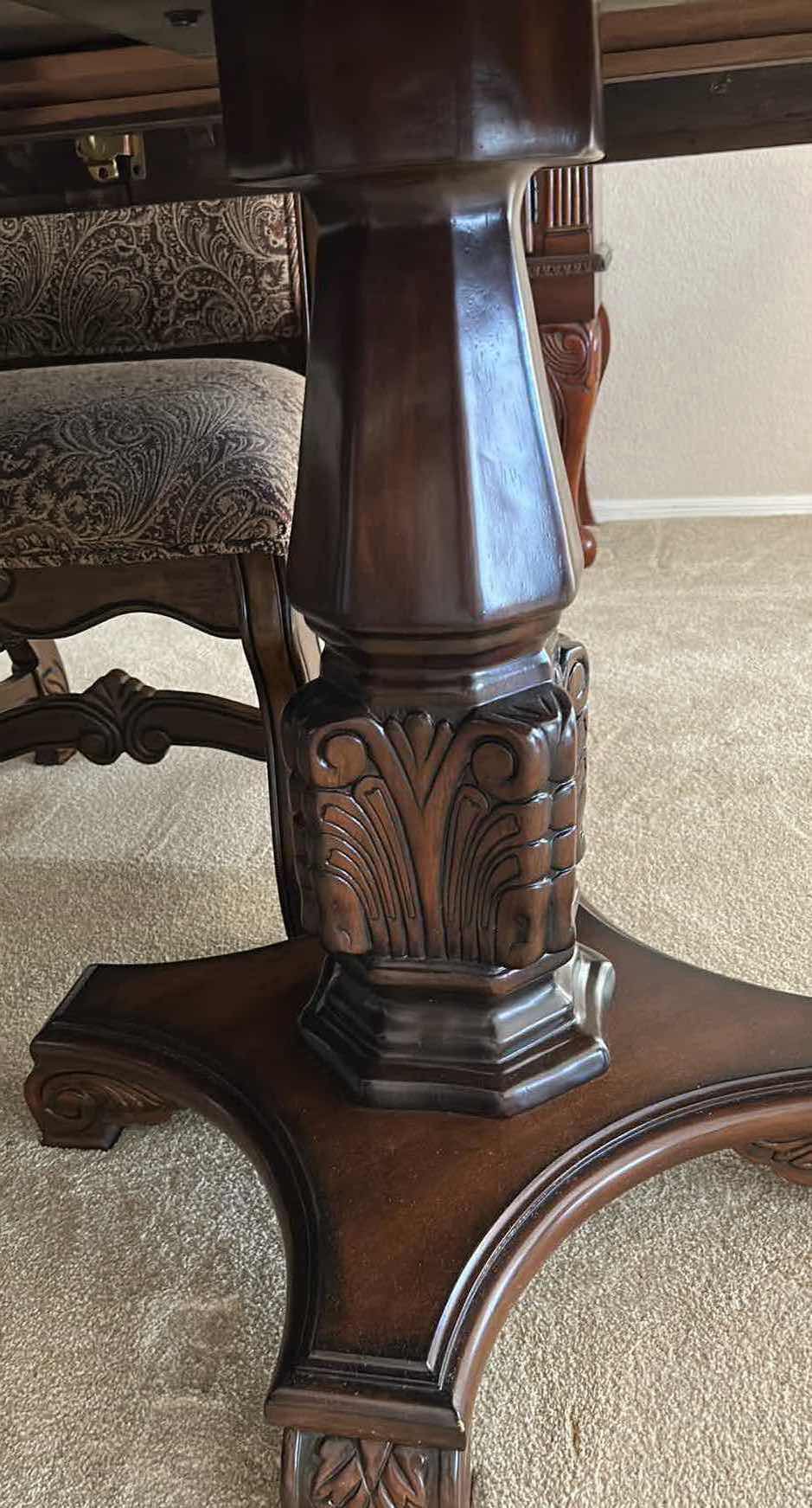 Photo 1 of REGENCY STYLE MAHOGANY CARVED DOUBLE PEDESTAL EXTENSION DINING TABLE 51" X 98" CHAIRS SOLD SEPARATELY 