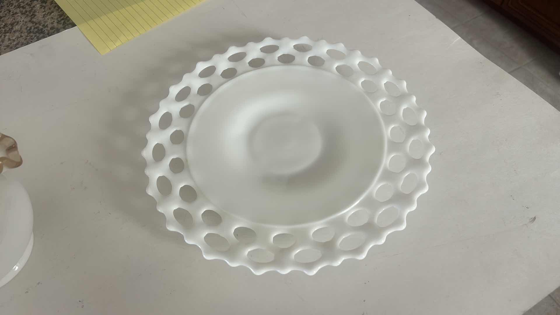 Photo 1 of 2 SCALLOPED VINTAGE MILK GLASS  PIECES (PLATE 11.5”) FENTON GOLD CREST MILK GLASS  VASE H5”