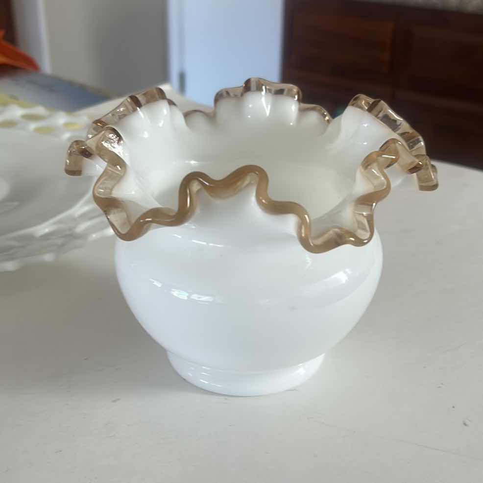 Photo 1 of 2 SCALLOPED VINTAGE MILK GLASS  PIECES (PLATE 11.5”) FENTON GOLD CREST MILK GLASS  VASE H5”