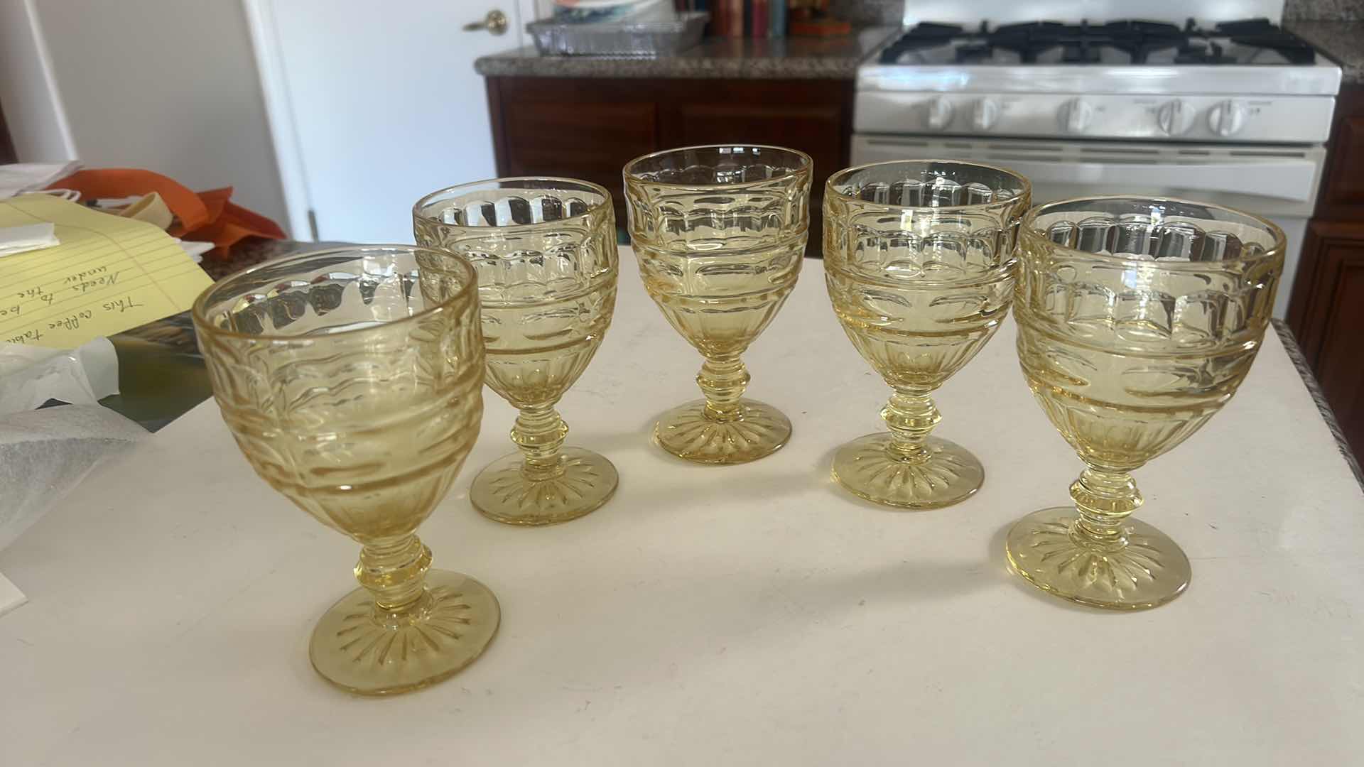 Photo 1 of 5 YELLOW VINTAGE HERMITAGE TOPAZ DEPRESSION GLASS WATER GOBLETS