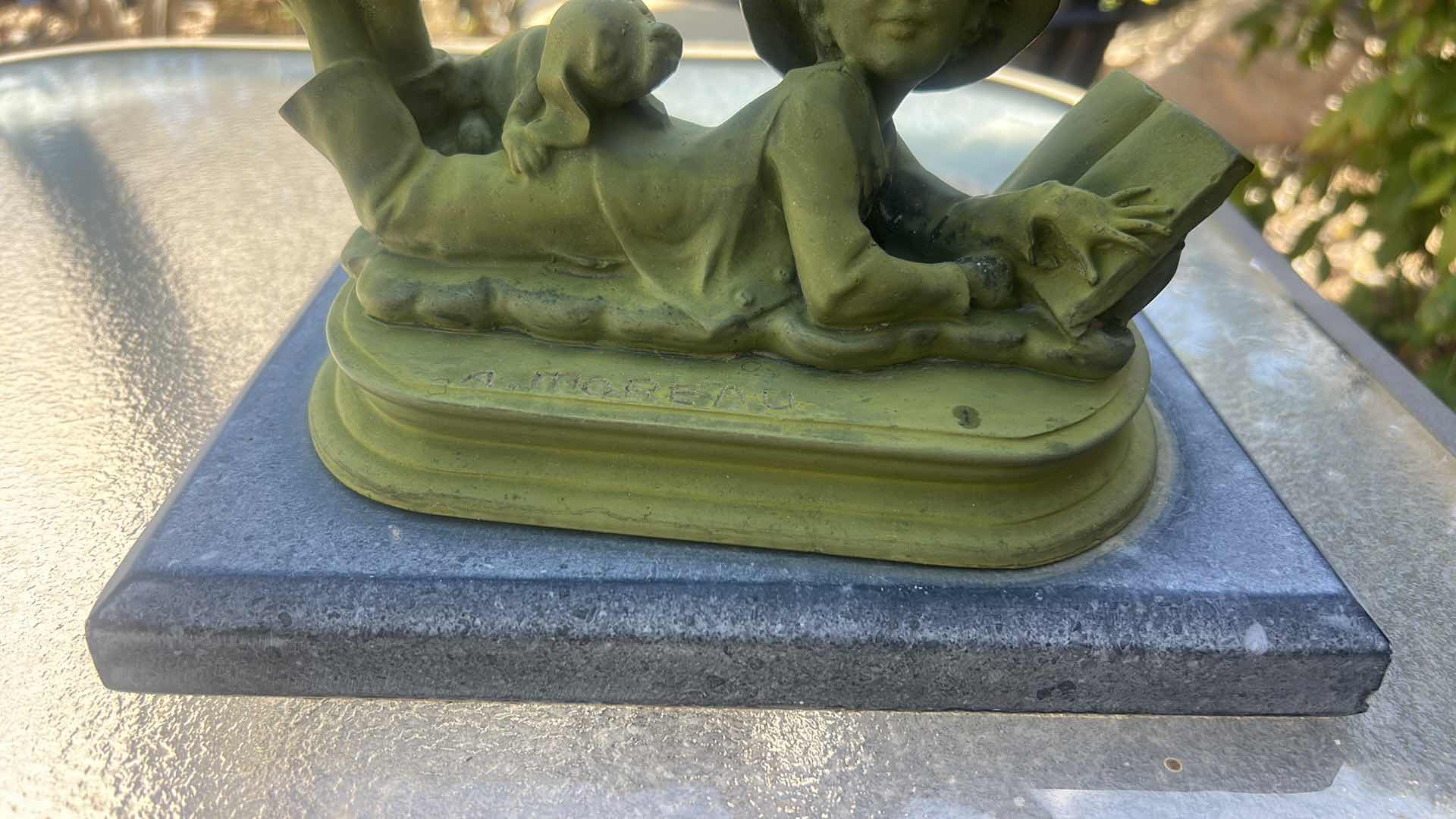 Photo 1 of BRONZE BOY AND DOG  SCULPTURE WITH GREEN PATINA 9” x 6” x H6”