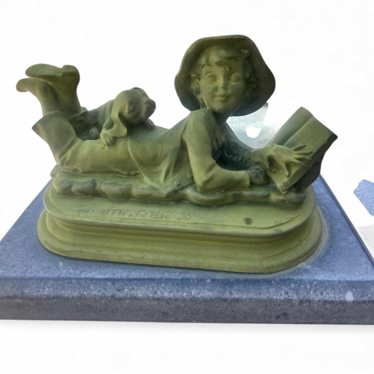 Photo 1 of BRONZE BOY AND DOG  SCULPTURE WITH GREEN PATINA 9” x 6” x H6”