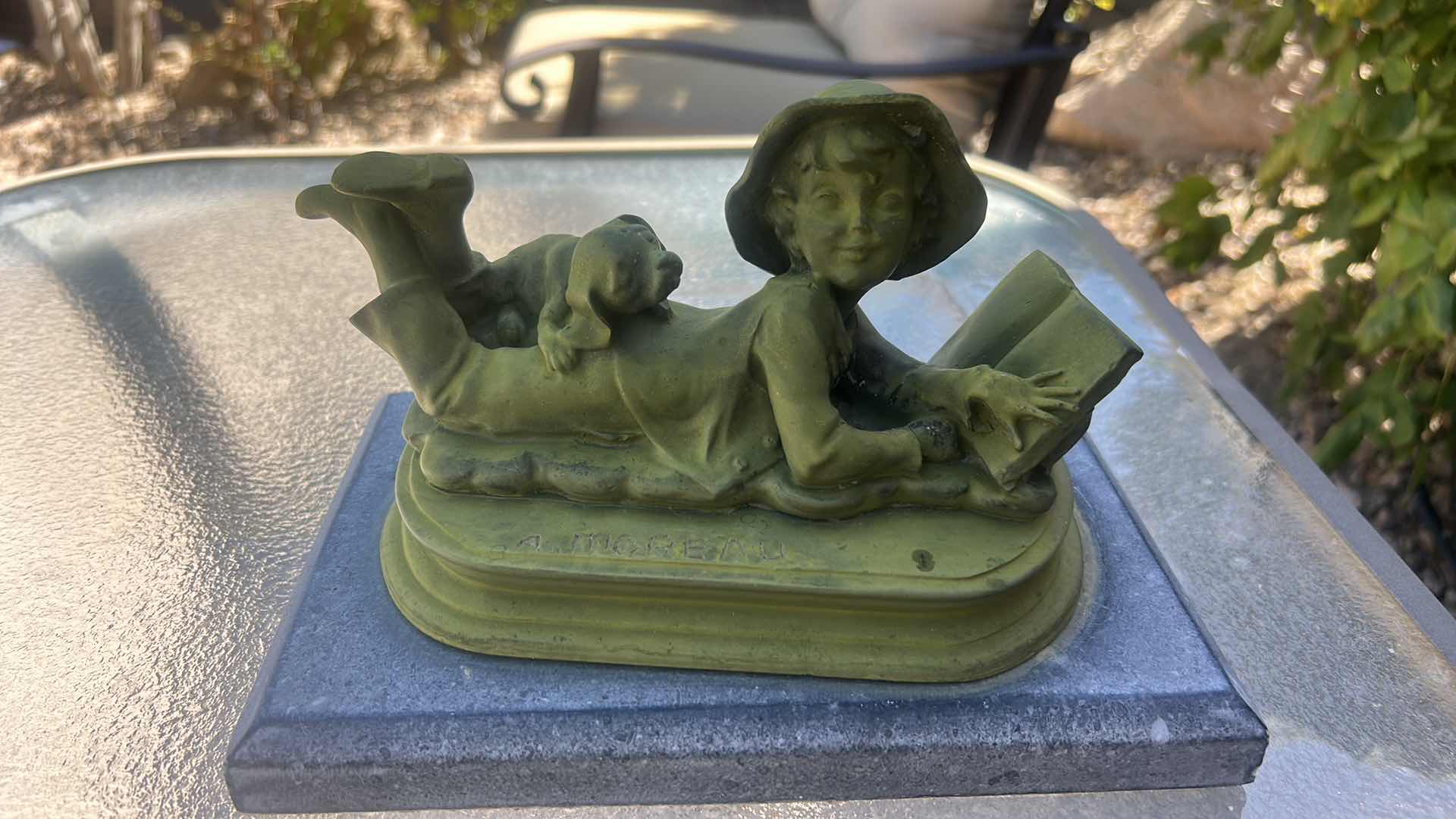 Photo 1 of BRONZE BOY AND DOG  SCULPTURE WITH GREEN PATINA 9” x 6” x H6”