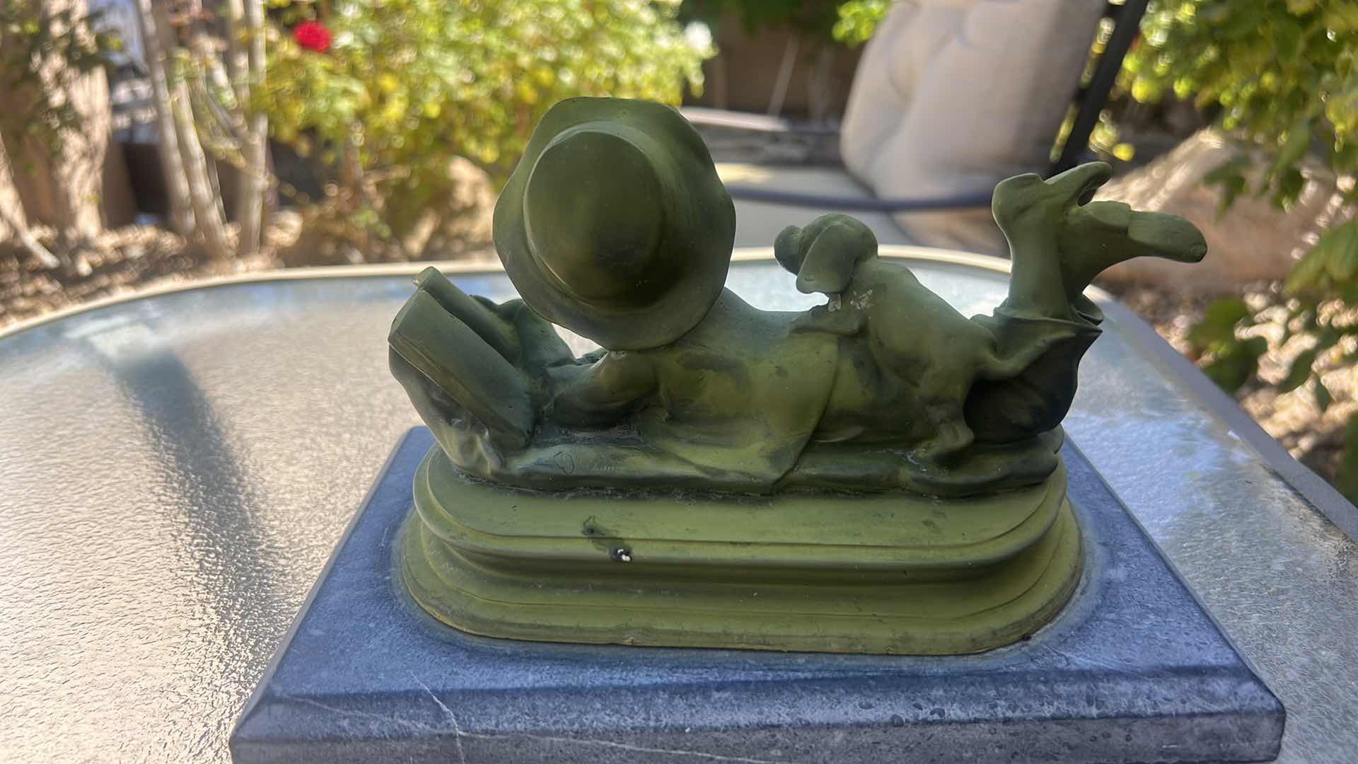 Photo 1 of BRONZE BOY AND DOG  SCULPTURE WITH GREEN PATINA 9” x 6” x H6”