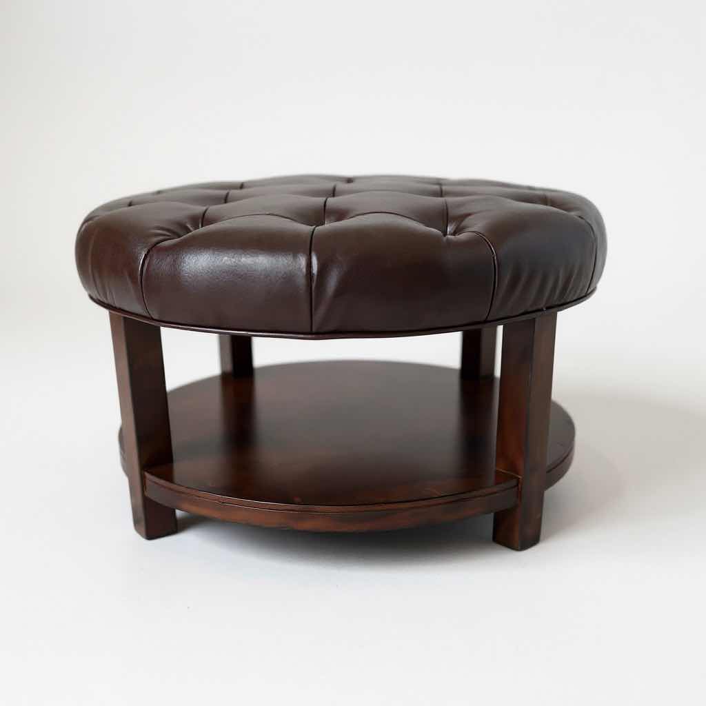 Photo 1 of RUBBERWOOD ROUND BROWN OTTOMAN W OPEN SHELF  29" X 18"