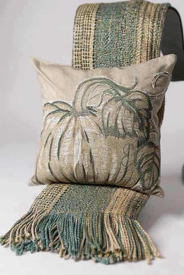 Photo 1 of HAND WOVEN TWEED GREEN BLUE AFTGAN AND MATCHING PUMPKIN PILLOW