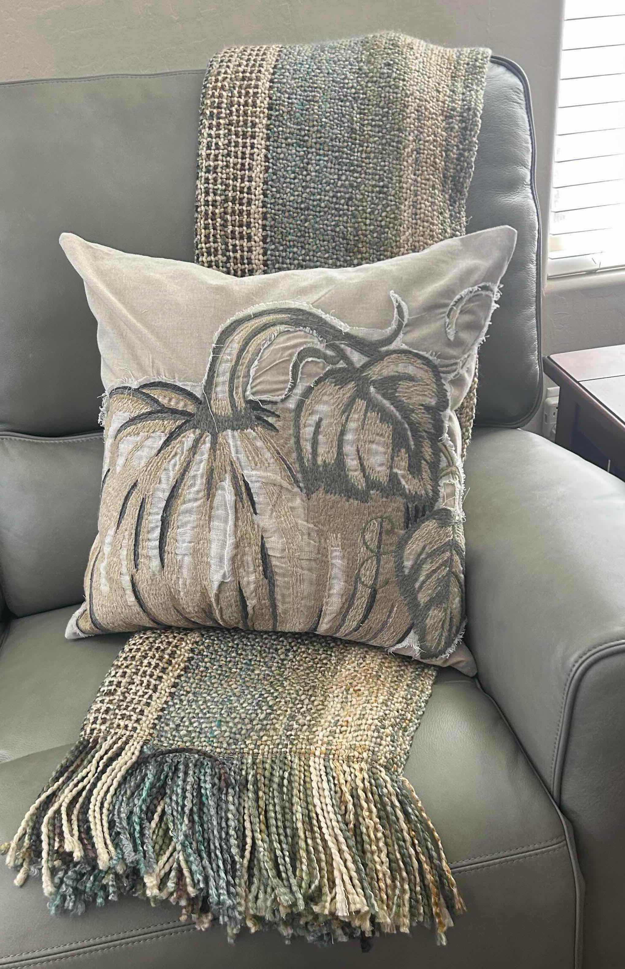 Photo 1 of HAND WOVEN TWEED GREEN BLUE AFTGAN AND MATCHING PUMPKIN PILLOW