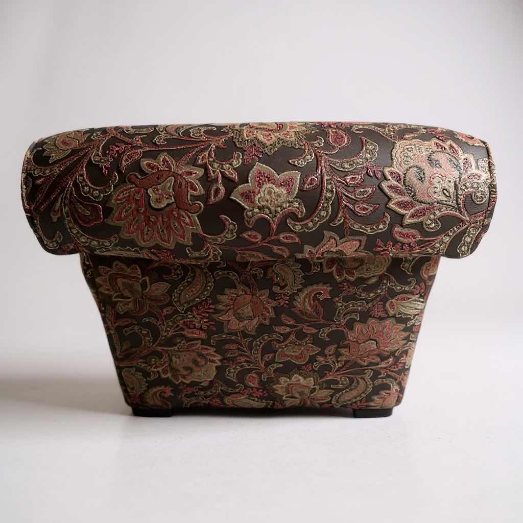 Photo 1 of RC WILLEY ARMCHAIR W HIGH BACK ANGLED SIDES UPHOLSTERED PAISLEY PATTERN FABRIC IN BROWN & ORANGE