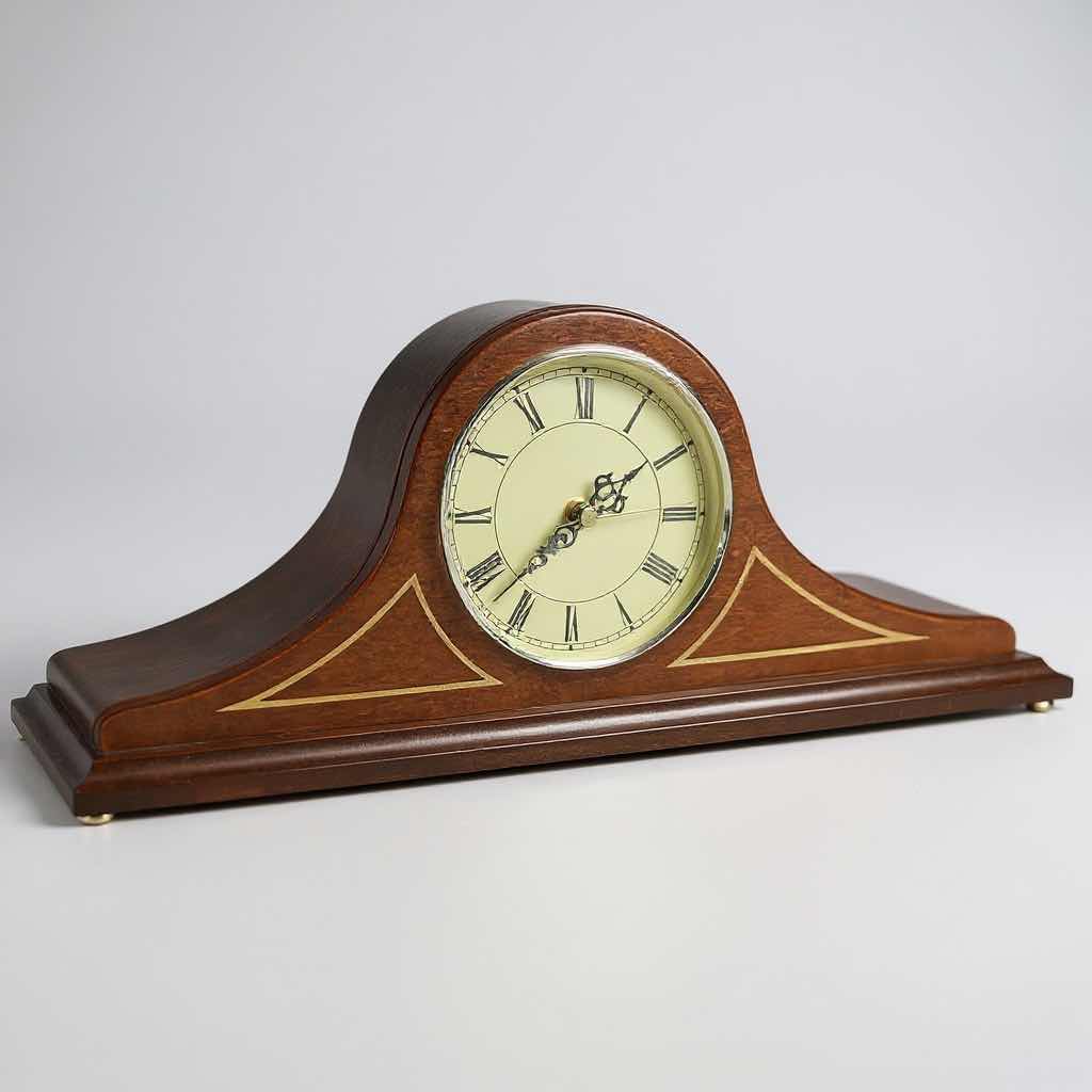 Photo 1 of VINTAGE BOMBAY CO SOLID WOOD MANTEL CLOCK W CAMEL HUMP SHAPE  & MAHOGANY FINISH W 16"