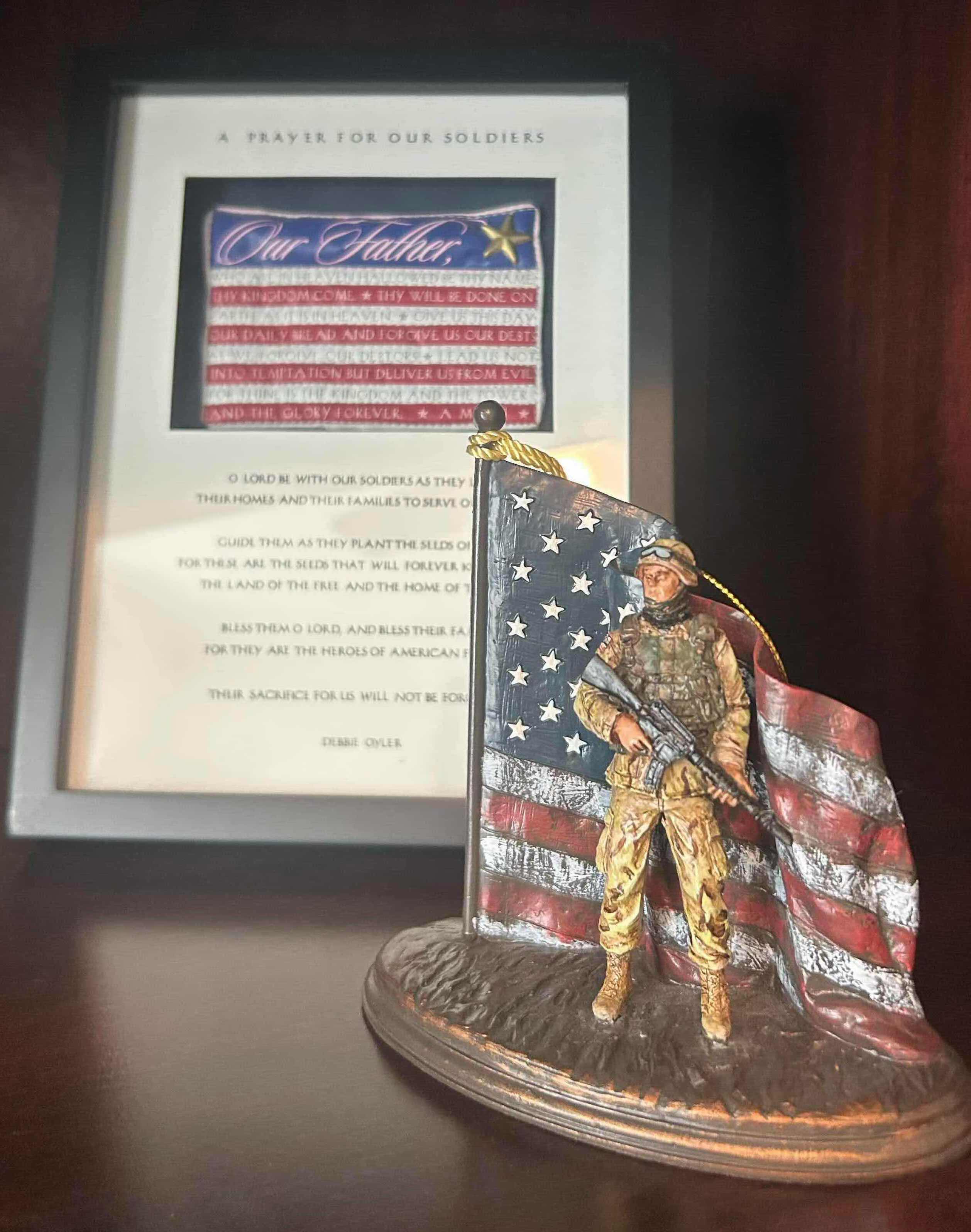 Photo 1 of HAND PAINTED SCULPTURE " DEFENDERS OF FREEDOM " BY MICHAEL GARMAN H 4" & FRAMED "A PRAYER FOR OUR SOLDIERS " H 9"