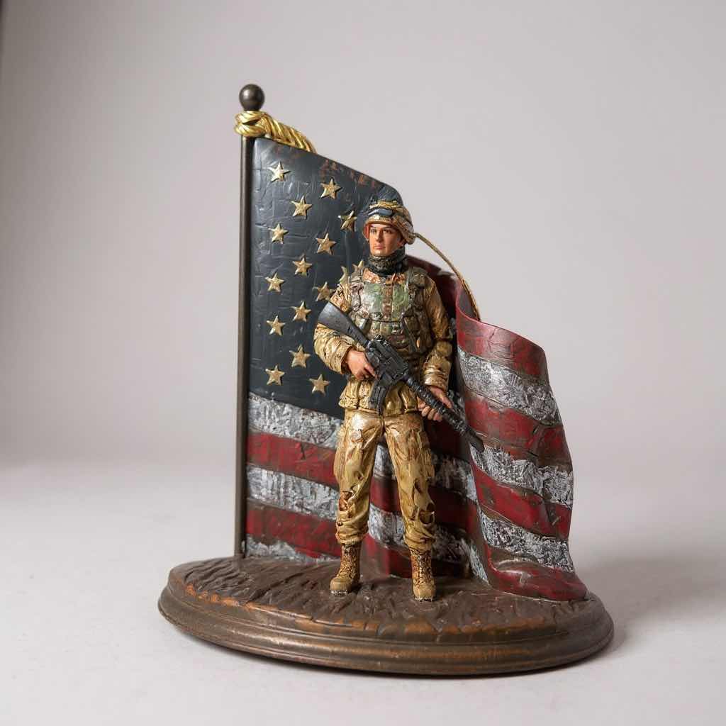 Photo 1 of HAND PAINTED SCULPTURE " DEFENDERS OF FREEDOM " BY MICHAEL GARMAN H 4" & FRAMED "A PRAYER FOR OUR SOLDIERS " H 9"