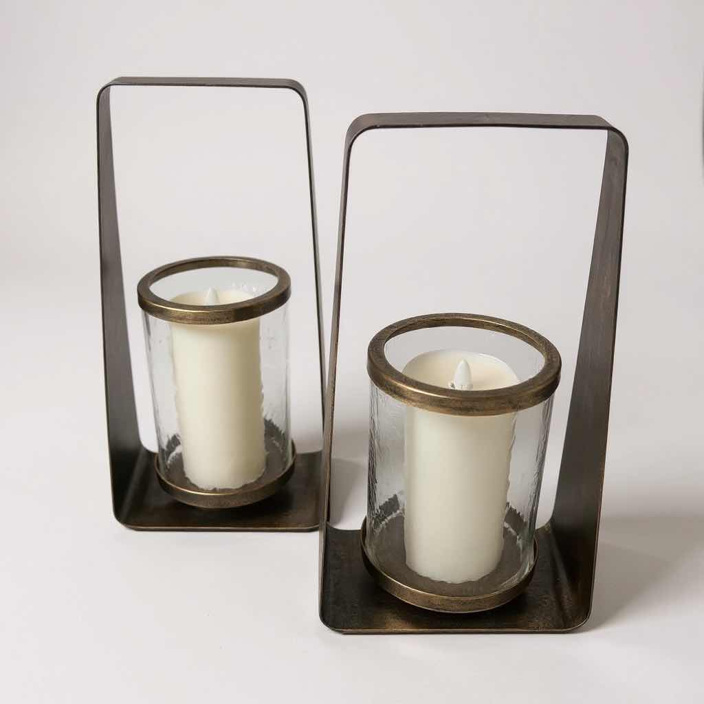 Photo 1 of 2 MODERN METAL & GLASS HURRICANE CANDLE HOLDERS H 15"