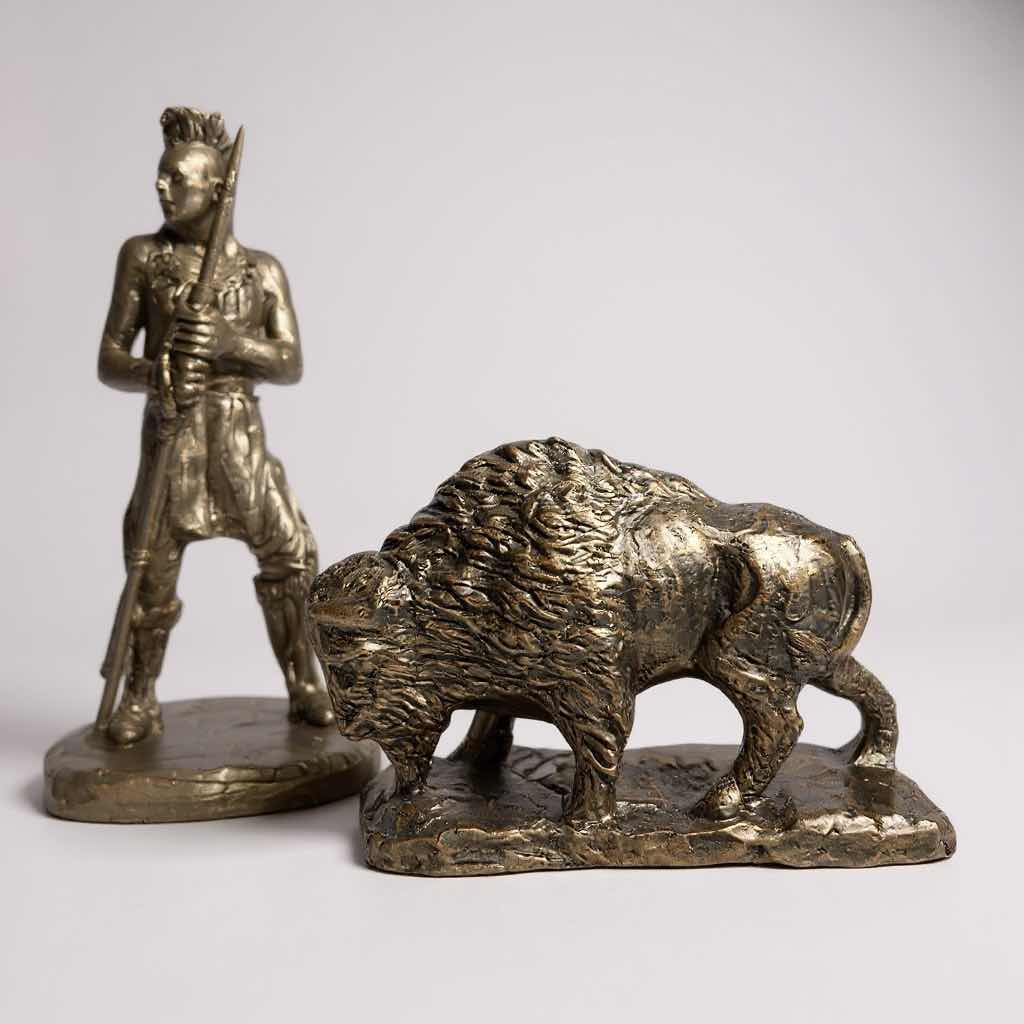 Photo 1 of 2 BRONZE POLYRESIN SCULPTURES BUFFALO NATIVE AMERICAN BY MICHAEL GARMAN H 9" 5"