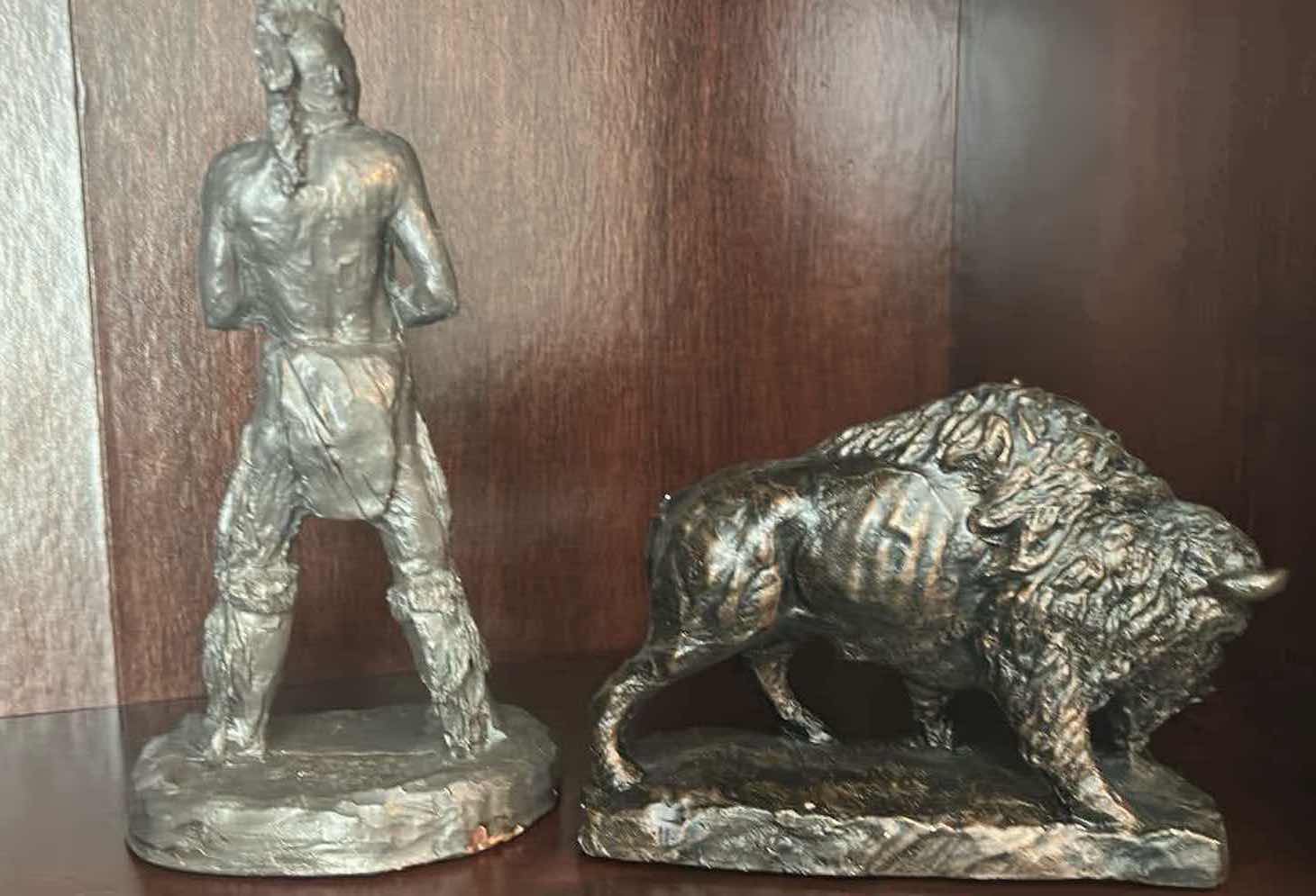 Photo 1 of 2 BRONZE POLYRESIN SCULPTURES BUFFALO NATIVE AMERICAN BY MICHAEL GARMAN H 9" 5"