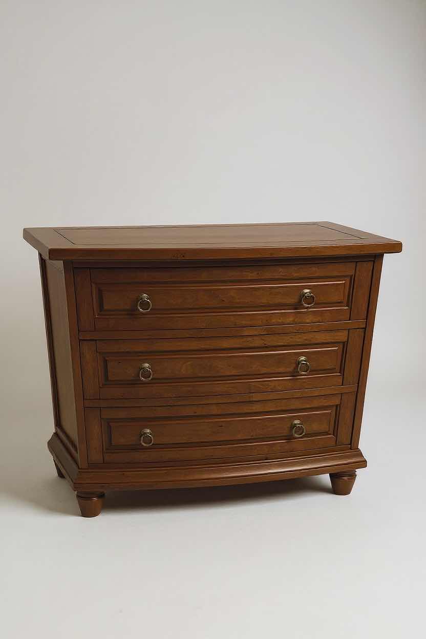 Photo 1 of CHERRY TRADITIONAL BRITISH IMPERIAL STYLE 3 DRAWER NIGHT STAND W SPINDLE LEGS & VINTAGE BRONZE METAL KNOBS 36" X 20" H 32"