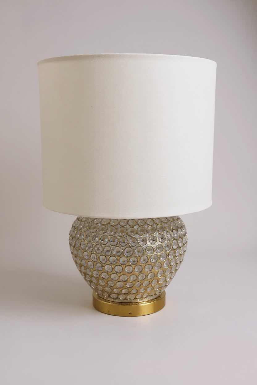 Photo 1 of GOLD & CRYSTAL TABLE LAMP W WHITE DRUM SHADE H 23"