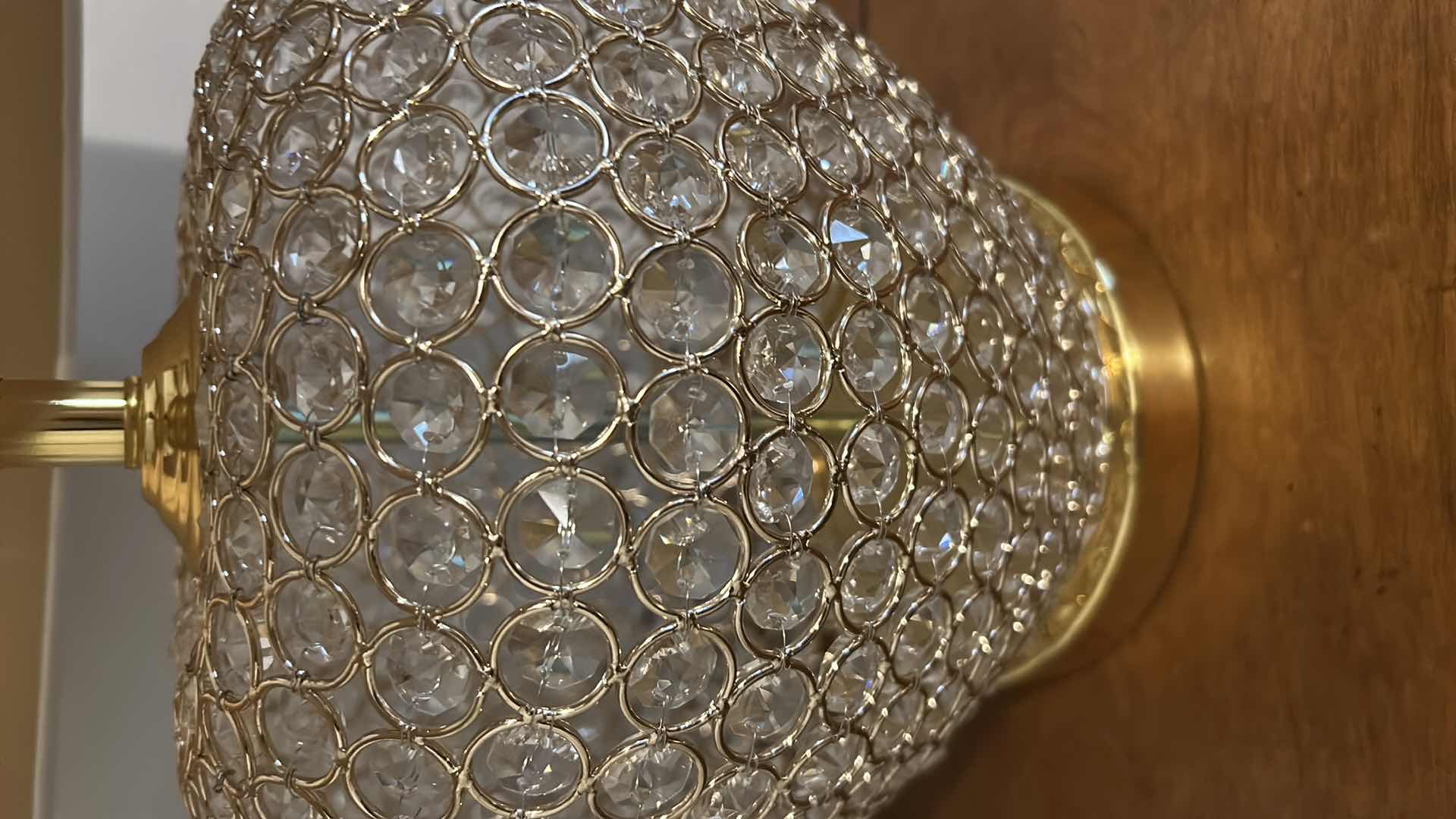 Photo 1 of GOLD & CRYSTAL TABLE LAMP W WHITE DRUM SHADE H 23"