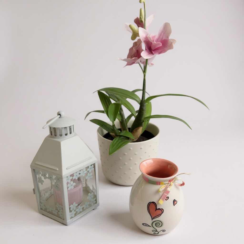 Photo 1 of 3 DECORATIVE PINK WHITE SMALL LANTERN FAUX PLANT HEART VASE
