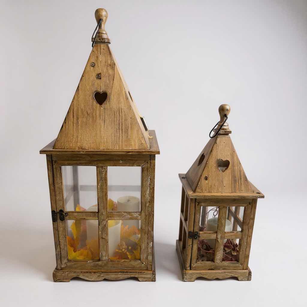 Photo 1 of 2- RUSTIC WOODEN LANTERNS W FAUX CANDLES & REMOTE H 33" 26"